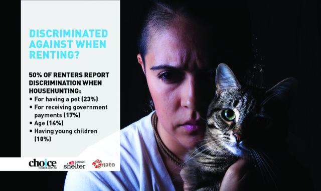 Woman holding cat. List of statistics concerning text which reads "Discriminated against when renting? 50% of renters report discrimination when househunting. For having a pet (23%). For receiving government payments (17%). Age (14%). Having young children (10%)