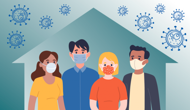 Graphic of people in a house, wearing masks, virus outside