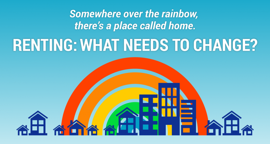 Rainbow and houses graphic. Text reads: somewhere over the rainbow, there's a place called home.