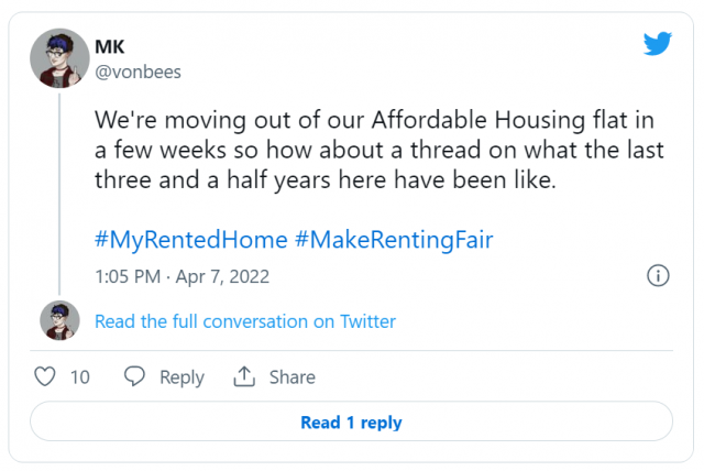 Twitter post about experience living in affordable housing - transcribed in blog