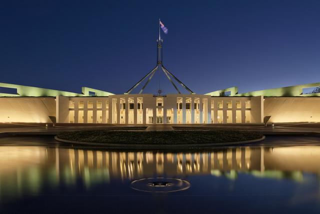 Australian Parliament House at dusk photograph taken by wikimedia user thennicke
