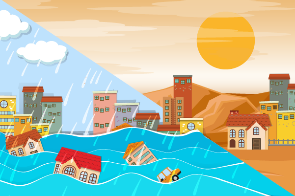 graphic with houses, flood and desert