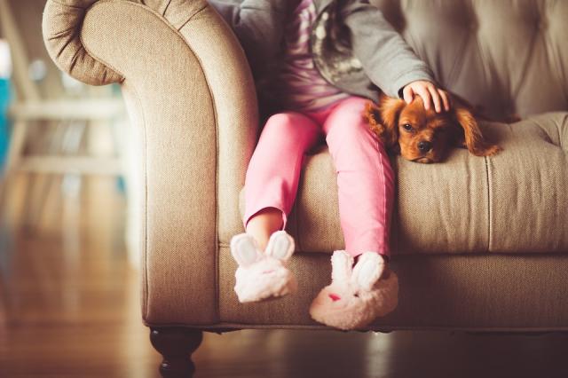 photograph of a young child in comfy clothes and slippers sitting on a brown couch with their hand resting on a little brown dog