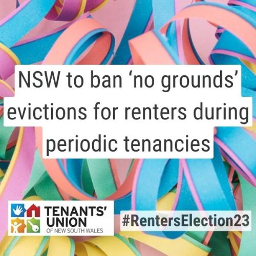 NSW to ban 'no grounds' evictions for renters text with party ribbons in the background