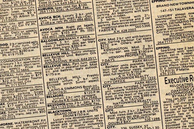 Listings for rentals from an old newspaper