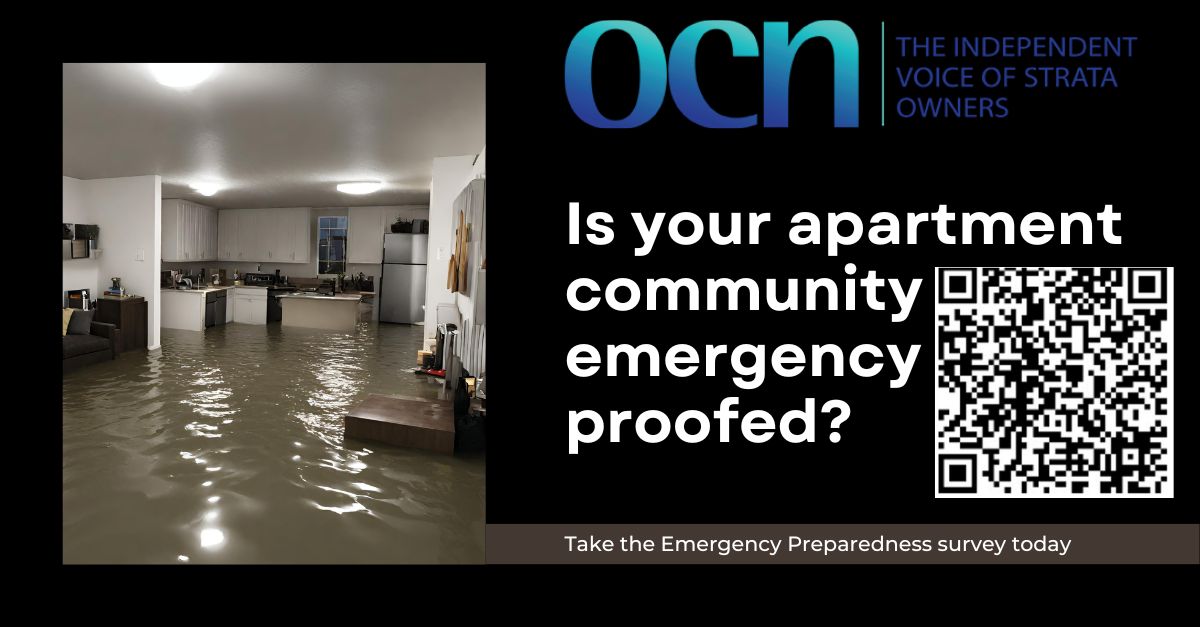image of a flooded floor with the Owners Corporation Network logo. Text reads "Is your apartment community emergency proofed?". Includes a QR code to the survey linked in this article.