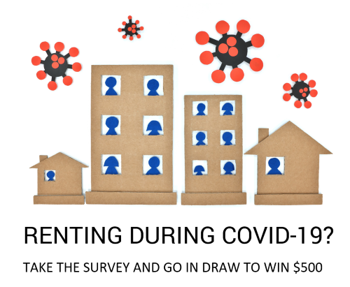 Take the survey, image of cut out houses with cut out people in relief surrounded by COVID19 virus