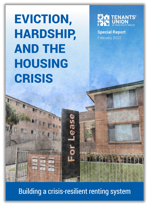 Image of front cover of new Special Report: Eviction, Hardship and the Housing Crisis, front cover includes image of an apartment unit block with for lease sign out front.