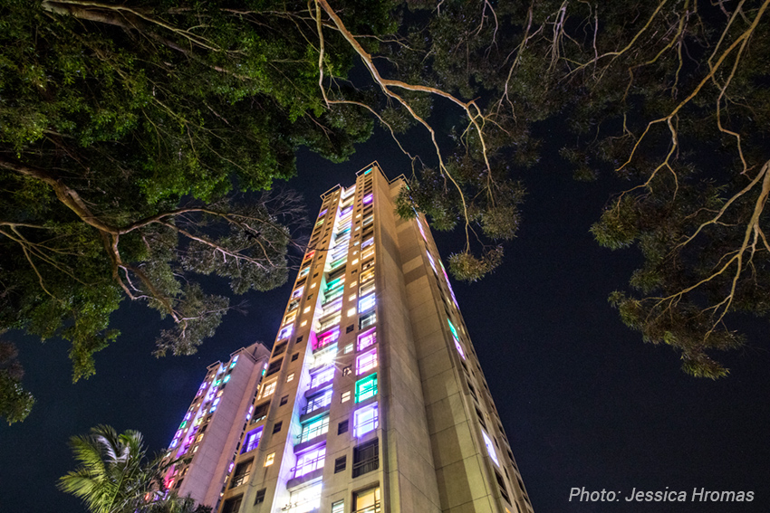 Redfern Waterloo towers lit with coloured lights