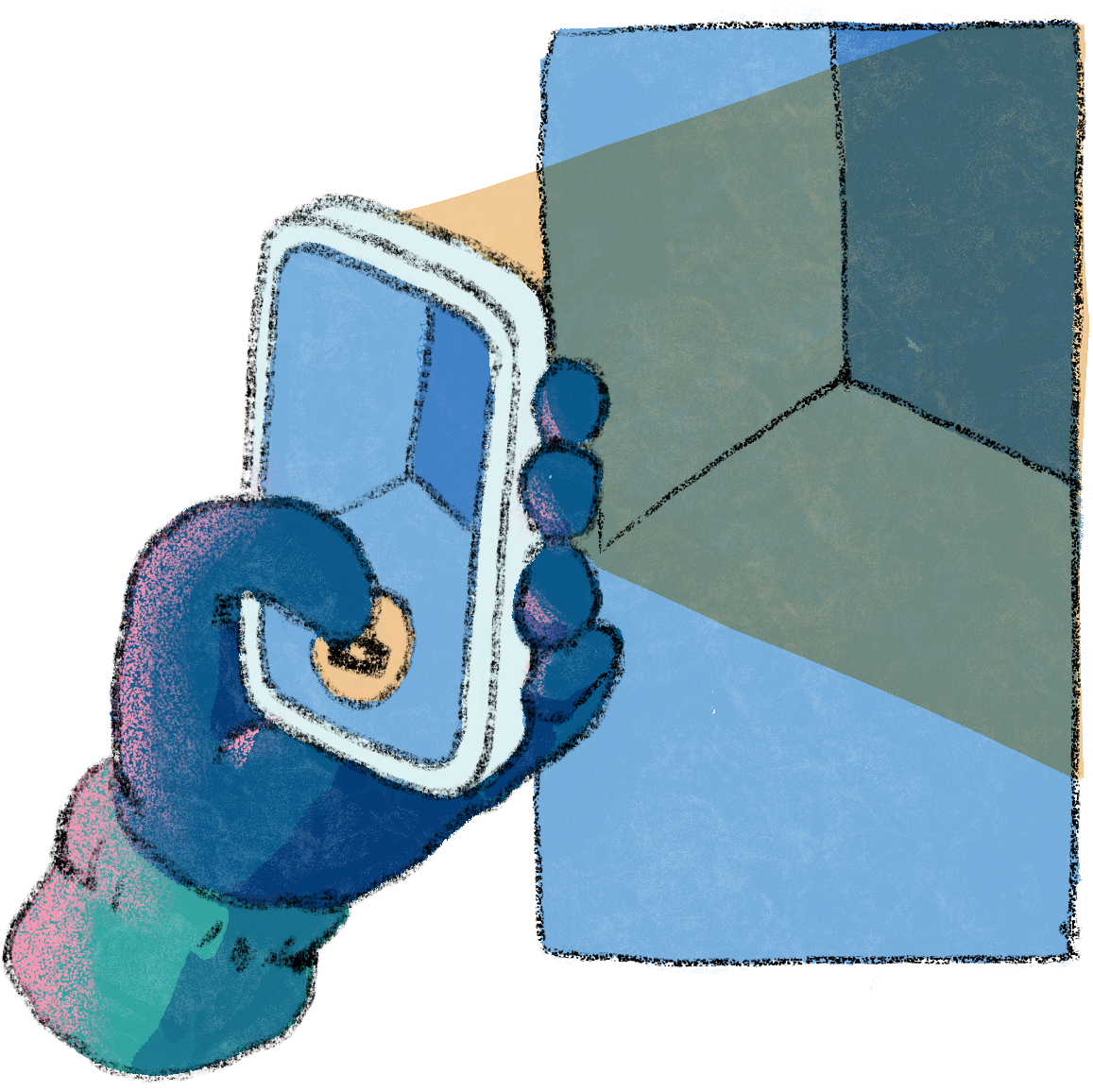 A graphic of a hand taking a photo with a mobile phone