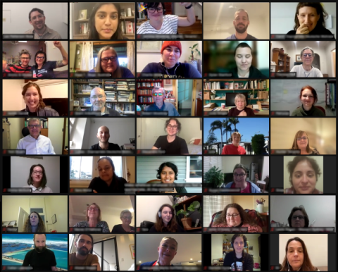 Screenshot from a Zoom forum showing 30 tiles of people's faces