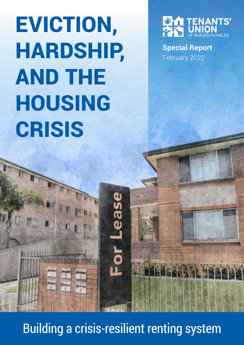 Eviction, Hardship and the Housing Crisis, front cover includes image of an apartment unit block with for lease sign out front.